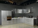 The image shows a modern kitchen with a large island in the center. The kitchen has a gray wall with a high ceiling and a lar...