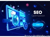 The image is an illustration of a computer screen with the words "SEO Optimization" written on it. The background is dark blu...