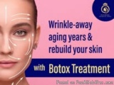 The image is an advertisement for Botox treatment. It features a close-up of a woman's face, with wrinkles and aging years vi...